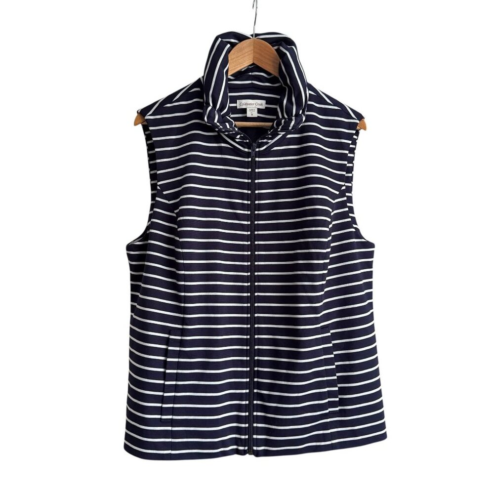 Coldwater Creek Navy White Striped Sleeveless Zip-Up Vest High Collar Cinched XL
